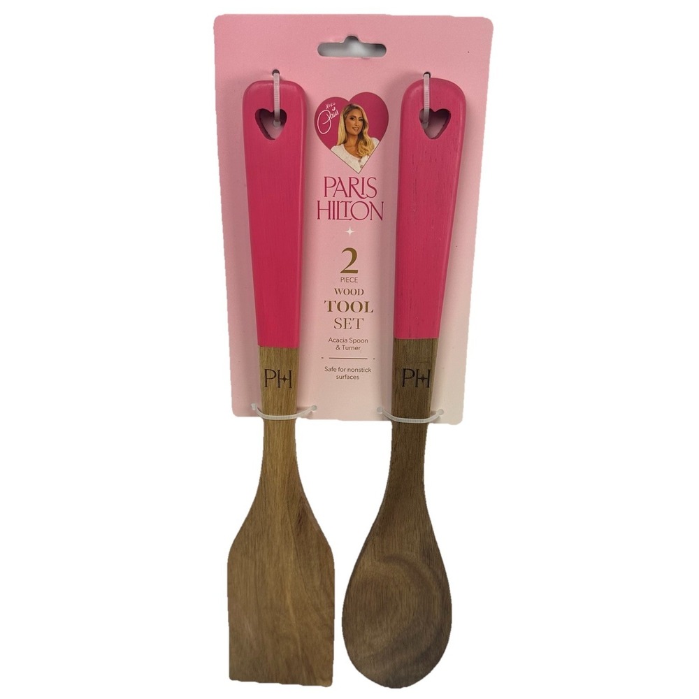 Paris Hilton 2 Pc Acacia Wood Tool Set Pink Spoon Turner Kitchen Utensils